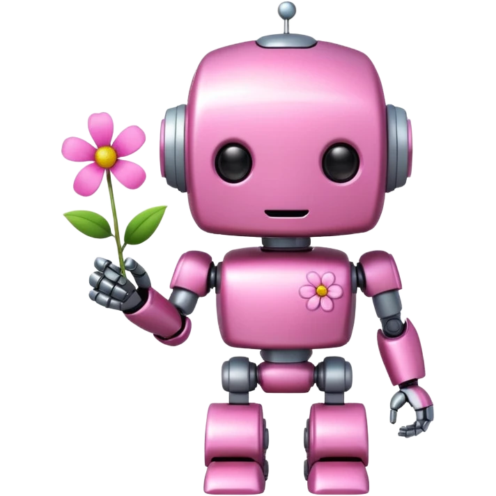pink cute robot, holding a tiny flower emoji