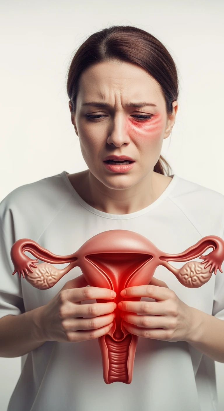 donna con utero umano realistico in evidenza dolorante, espressione di dolore in volto, sfondo bianco, non farla computerizzata, ma iperrealistica 4k emoji