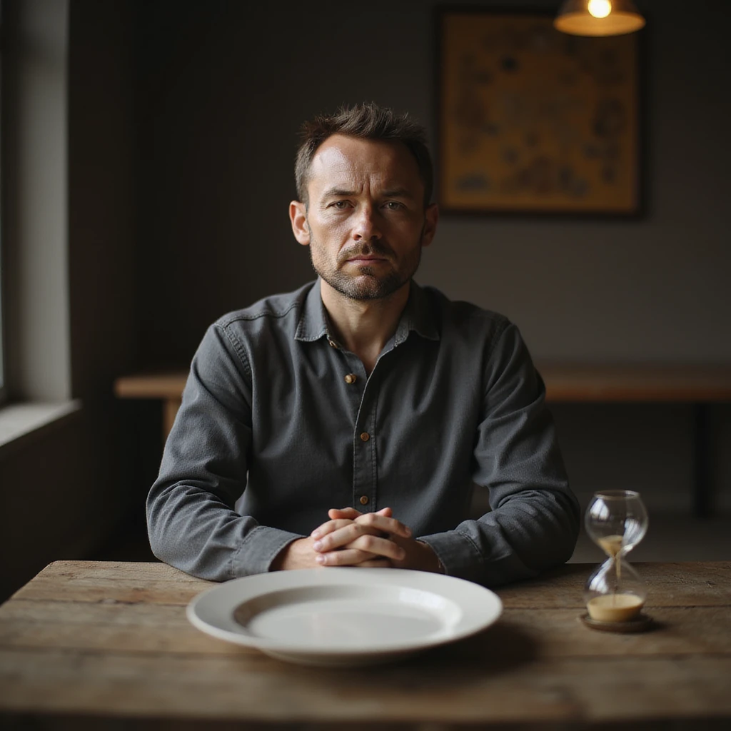 hyperrealistic 4K image of a man meditating at a table, in front of an empty plate and an hourglass almost at the end, Zen environment, detailed facial features emoji