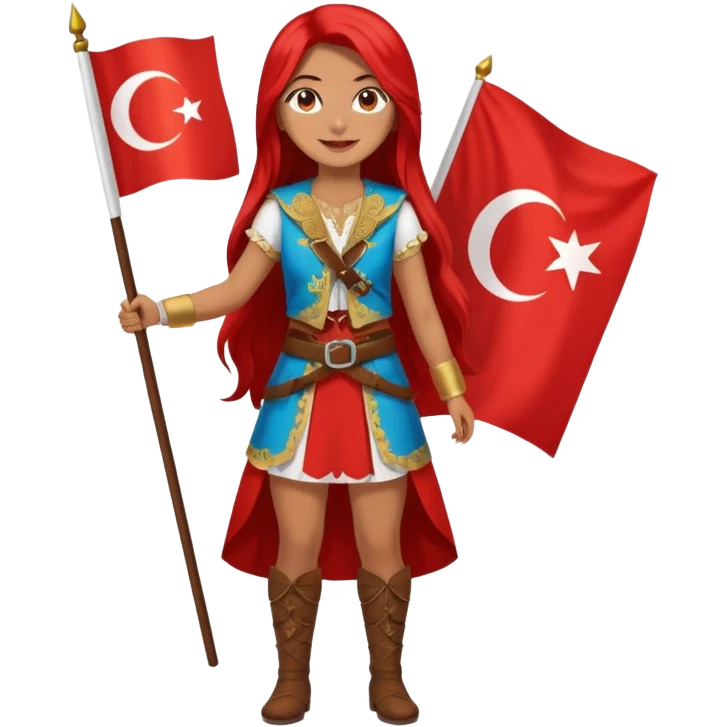 ultra sexy happy Turkish girl with Turkish flag in national outfit, full body, long bright hair emoji