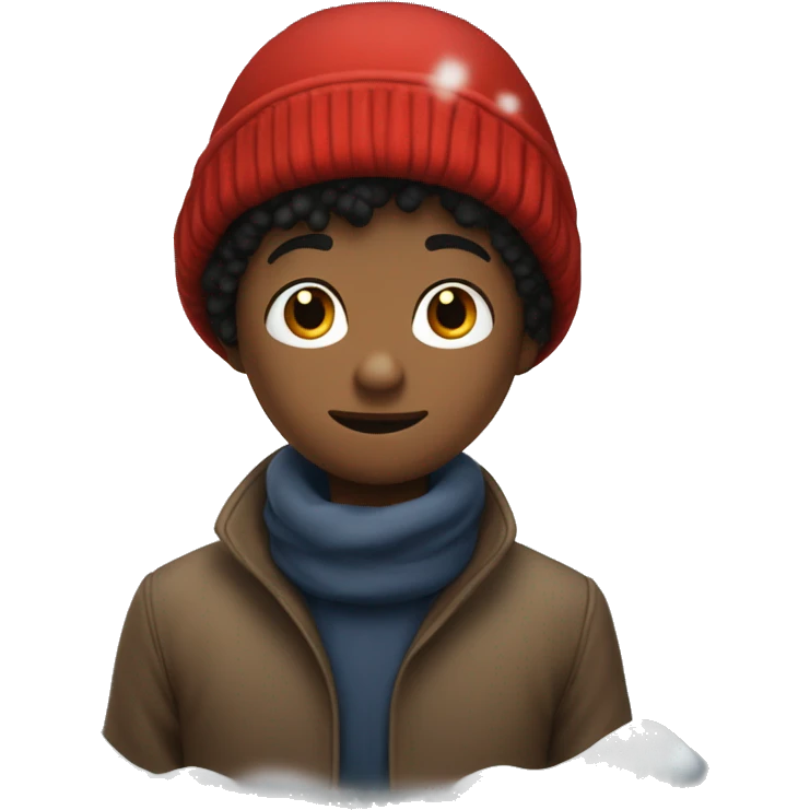 Peter from snowy day red hat and rest outfit with red gloves black kid in the snow emoji