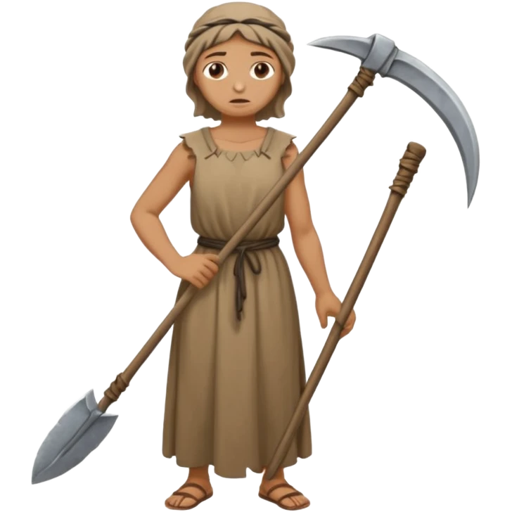 Emoji portrait of a Greek peasant. Rough chiton dress, holding a scythe, tired expression. emoji