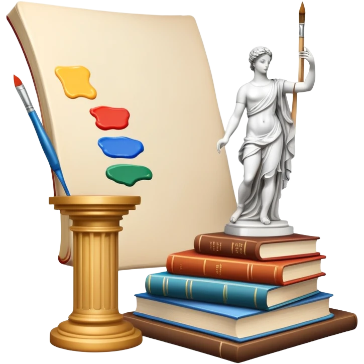 An icon featuring a paint palette, a sculpture, and a book, symbolizing the study of culture and art. The design includes a classical column and a canvas, representing art history and cultural exploration. Transparent background highlights the connection between creativity and history. emoji