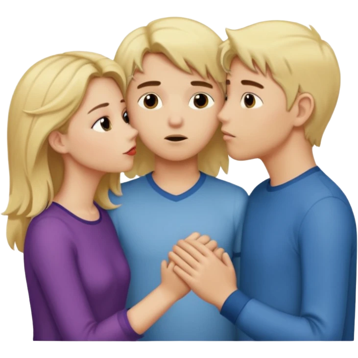 iOS emoji style, girl holding hands with one boy while kissing another boy, one boy blond, the other brunet, subtle suspicious expression emoji