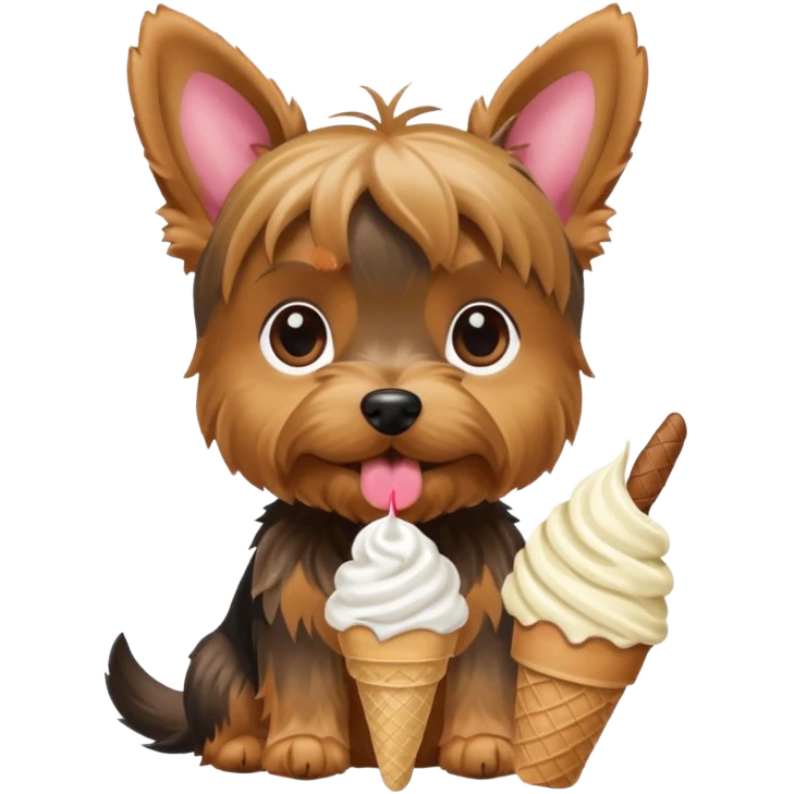 Dog yorkie, ears up, eating ice cream emoji