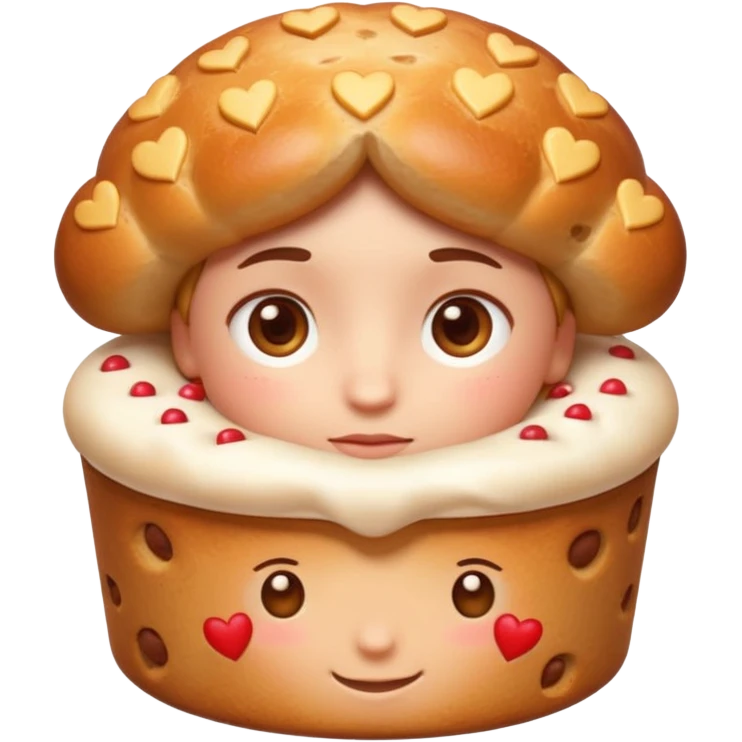 Apple-style emoji illustration of a cuteperson  with dreamy eyes thinking of a traditional panettone, small hearts floating around, soft 3D emoji style, smooth gradients, rounded shapes, warm festive colors, simple expression, centered composition, transparent background, no text. emoji
