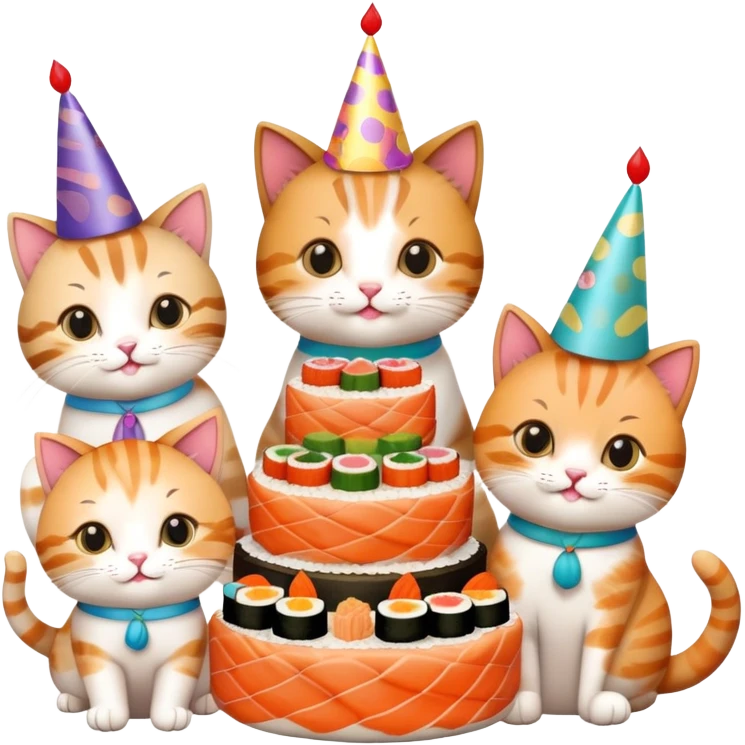 six cats celebrating one cat's birthday party, all cats holding pieces of sushi, birthday cake, party hats, and decorations emoji