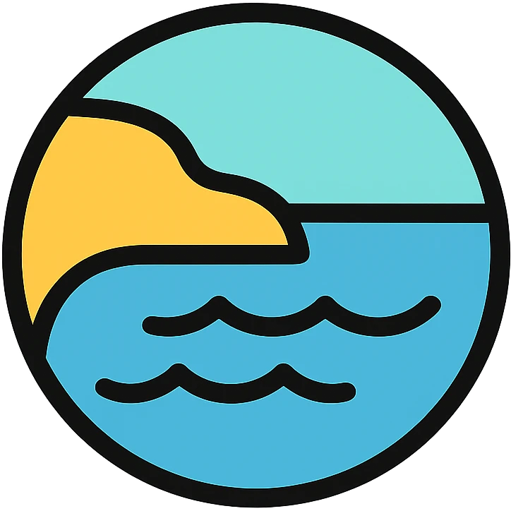 Enhance the sea icon by adding a visible coastline or land border, gentle waves, and lighter blue water. Maintain the circular shape with a medium black border, no frame, and white background in the color outline style. emoji