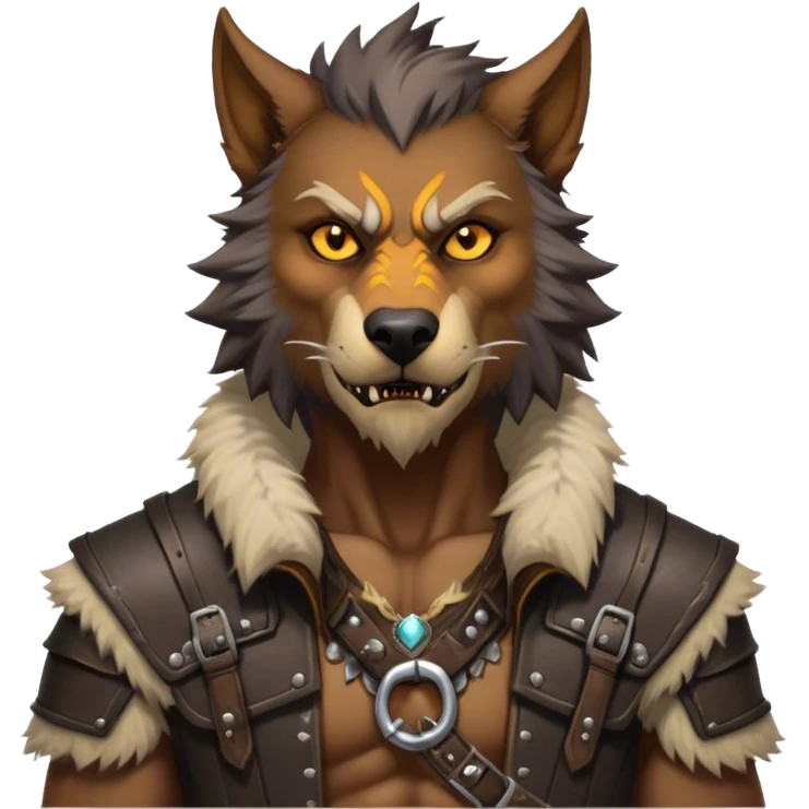 Cinematic Realistic WoW Worgen Portrait, head tilted epicly and inquisitively, showcasing the striking fusion of human intellect and beastly ferocity. His rugged fur and tanned skin, accented by piercing amber eyes and meticulously rendered worn leather garments, are bathed in dynamic lighting, high shine, epic and awe-inspiring, capturing the relentless spirit of a worgen at the apex of his power. emoji