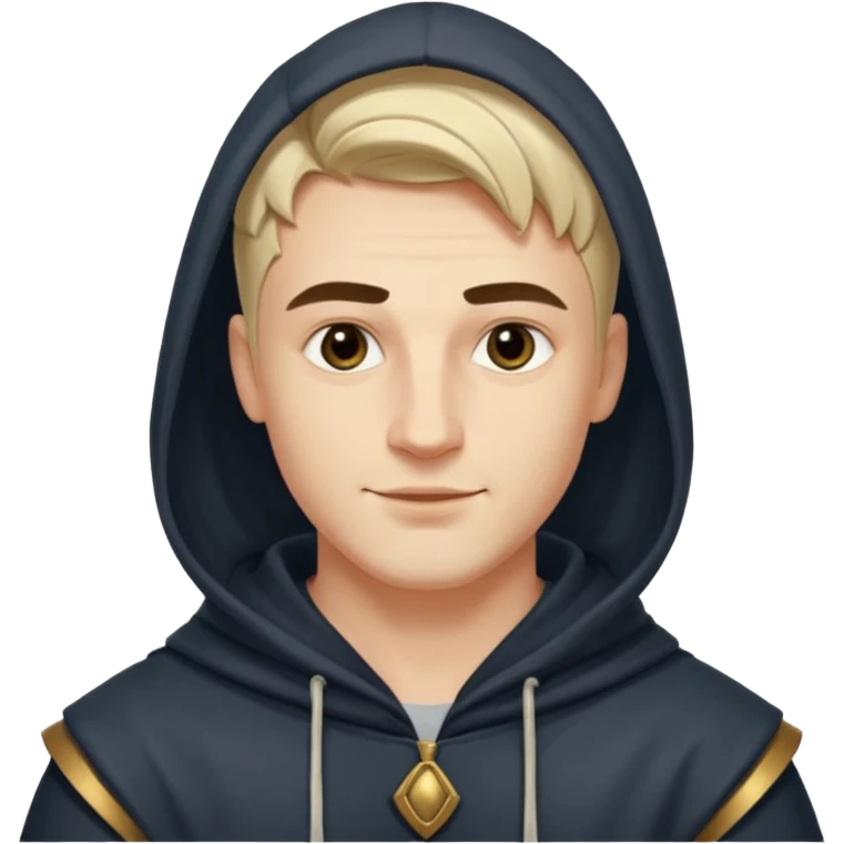 A handsome man with fair complexion. masculine, roman, slightly crooked nose. Thick triangular eyebrows. Hooded eyes and black pupils.  smily lips with a heavy top lid.  Jinu haircut emoji