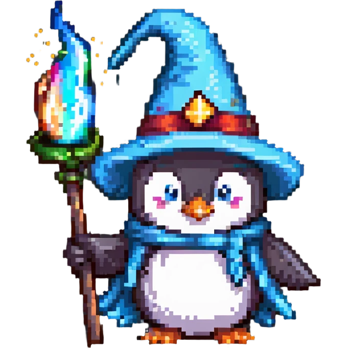 a cute penguin wizard with a pointy hat and a magic wand emoji