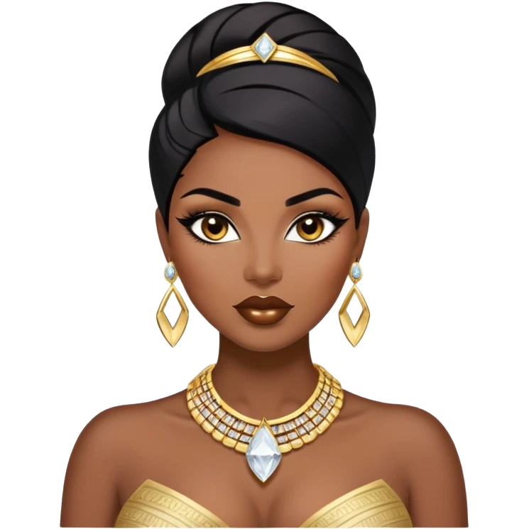 exotic African American woman with dark brown skin, straight black hair, glamorous makeup, gold jewelry, diamonds, curvy and confident, stylish and sexy emoji