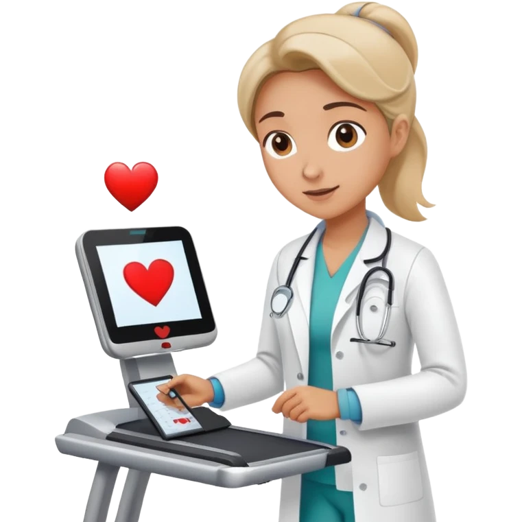 patient on a treadmill, doctor with clipboard supervising, heart monitor in background emoji