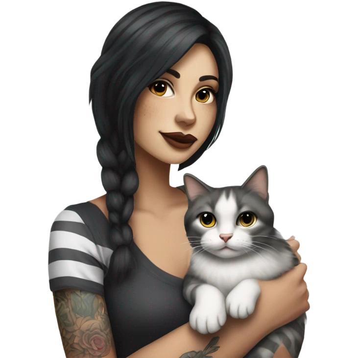 Beautiful dark haired tattooed woman holding gray and white stripe long haired cat emoji