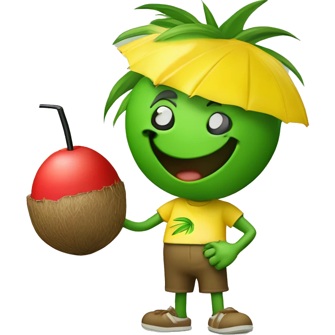 "Create a fun emoji of a green coconut with a red straw on top. The coconut is wearing a yellow t-shirt and making a 'C' gesture with one hand and a 'thumbs up' with the other. The character should appear cheerful and inviting." emoji