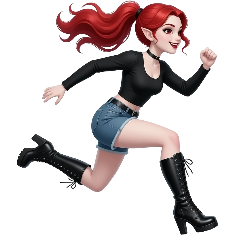 Vampiro femmina ADOLESCENTE con pelle bianca e capelli rosso ondulati lunghi raccolti in una mezza coda che indossa dei jeans corti un top nero con maniche lunghe e degli stivali lunghi con tacco che si butta giù da una scogliera emoji