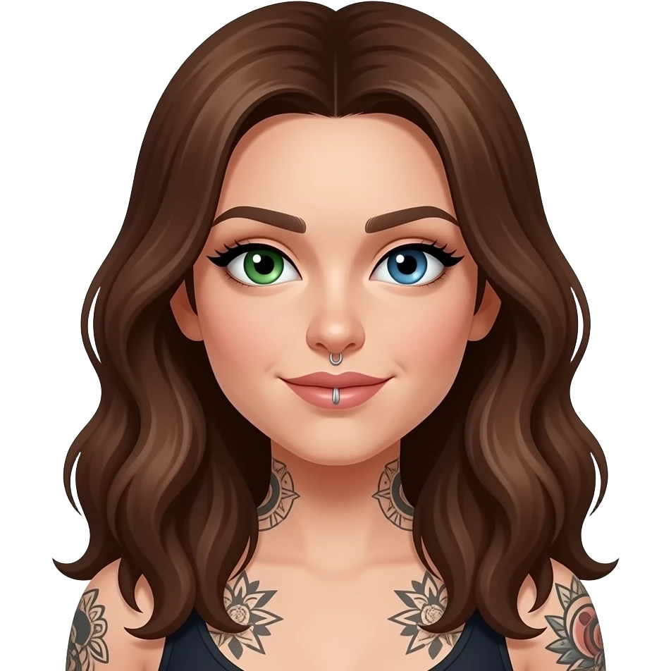white long wavy haired brunette woman with one green eye one blue eye tattoos a philtrum piercing and a thin streak of grey hair emoji