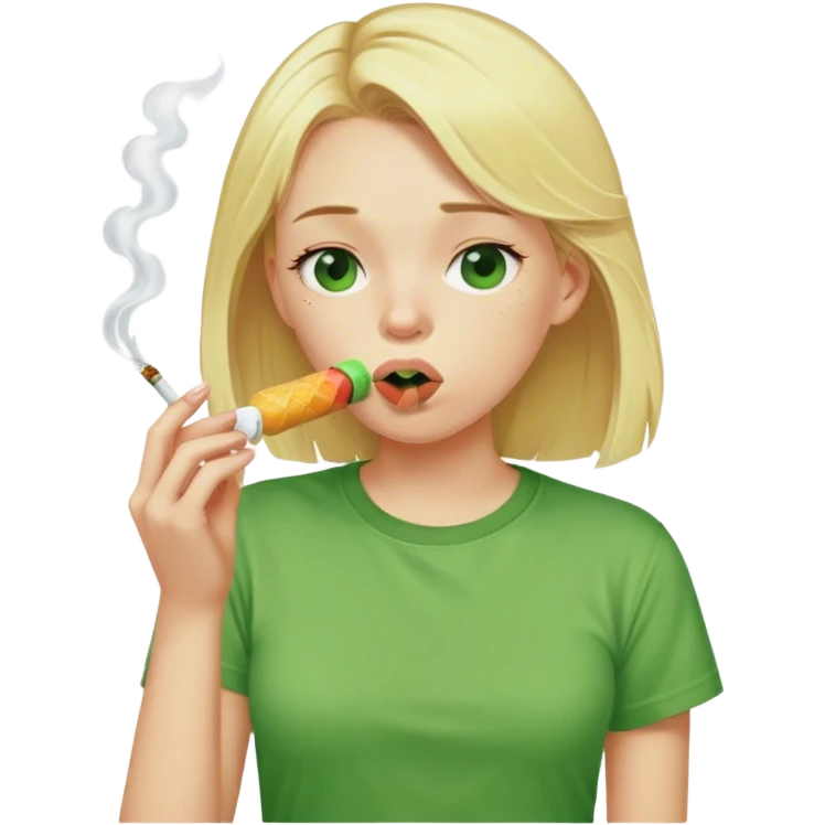 Disgusting blonde girl with food around her mouth. She looks incredibly tired while wearing green T-shirt smoking a cigarette eating a brown ice lolly.  emoji