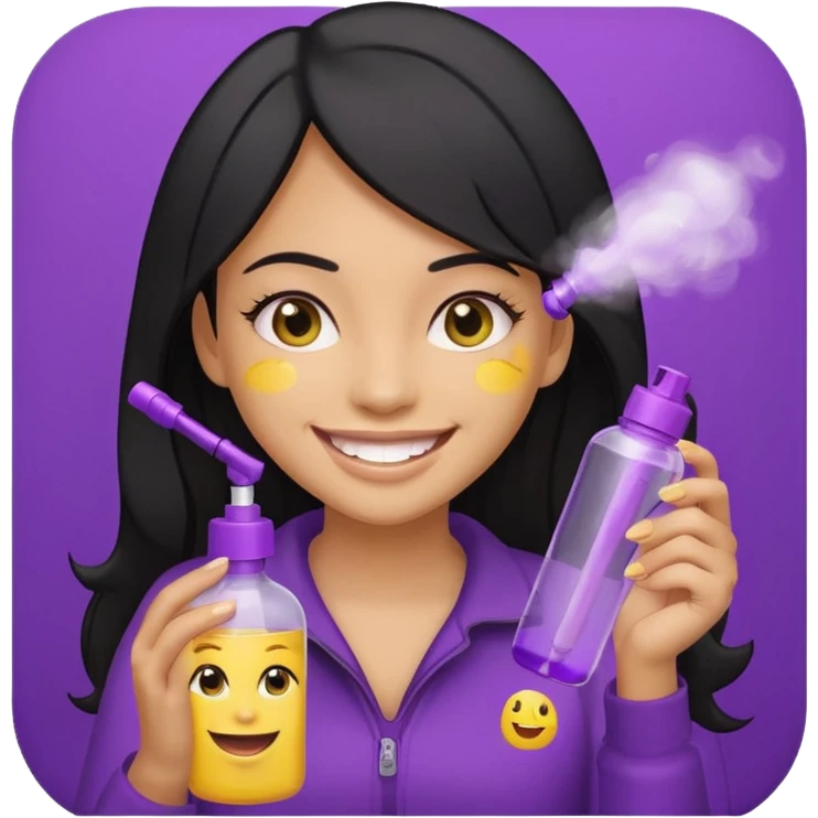 a girl with beautiful black hair, smiling widely with visible yellow teeth, holding a fully purple thin spray bottle with the lid closed, Genmoji emoji style emoji