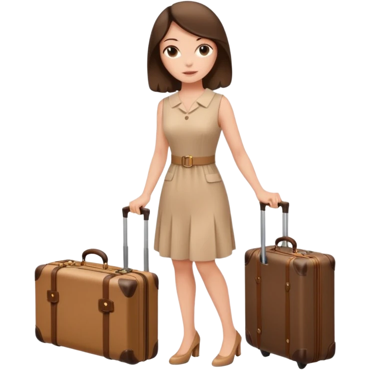 White woman in beige dress brunette with a suitcase LV emoji