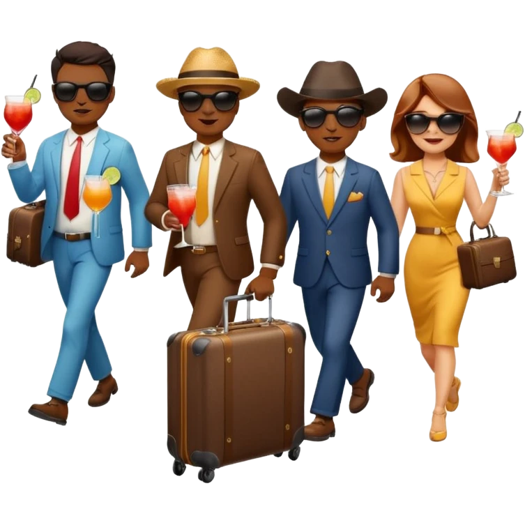generate an emoji of a group of up to 8 male and female bulls travelling together on holidays. One bull has a suitcase, one has sunglasses, one is carrying a cocktail. They're all in motion, walking together emoji