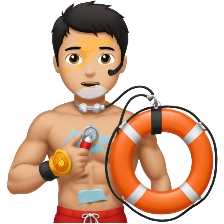 Shirtless Dark Tan Muscular lifeguard with messy black hair with whistle hand, life preserver emoji