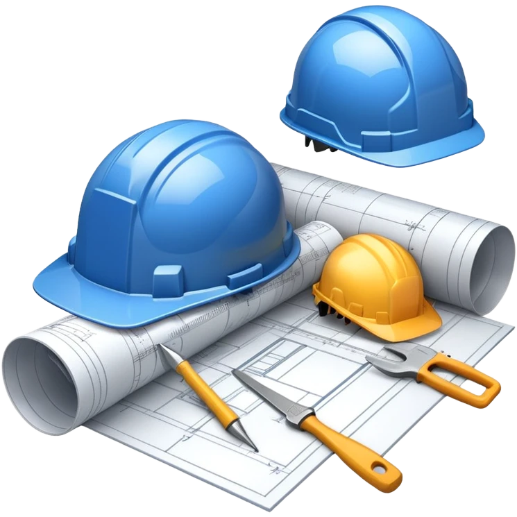 An icon featuring a blueprint, a hard hat, and construction tools, symbolizing architecture and construction. The design includes a ruler, building materials, and a skyscraper, representing the design and building process. Transparent background highlights the art and science of creating structures. emoji