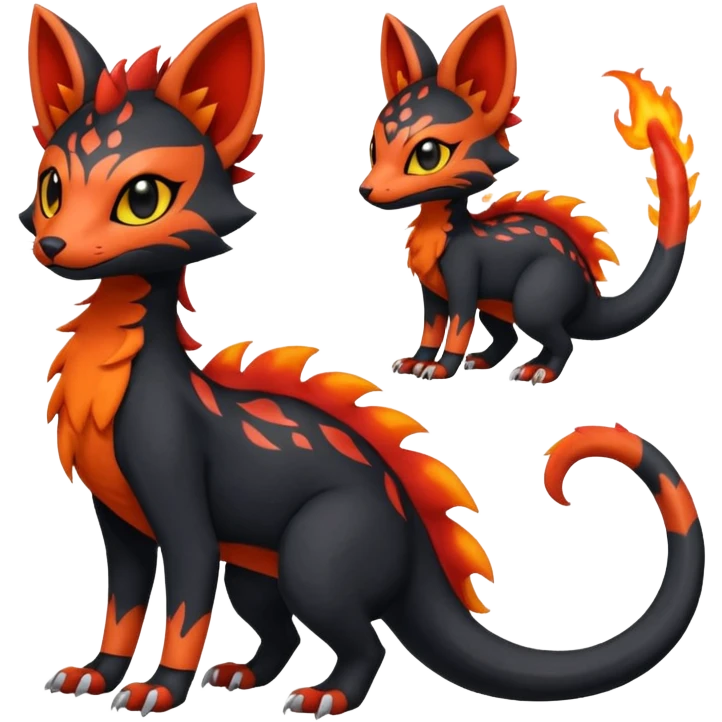 Rare realistic cute gothic Salandit-Litten-Quilava-Genet-species-Fakemon-hybrid-creature, with fiery markings, full body emoji
