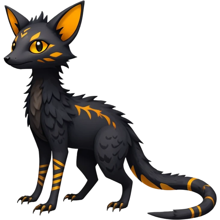 Rare realistic exotic edgy dark gothic gloomy spooky black and orange/yellow epic pretty beautiful handsome gorgeous aesthetic colorful vibrant Vernid-Trico-species-Fakemon-creature by LiLaiRa, 4 legs, 1 tail, random markings, (full body) emoji