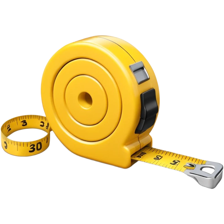 A 3D emoji-style yellow measuring tape, rolled in a spiral with black markings, realistic light and shadow, minimalistic background, vector-like clean design. emoji