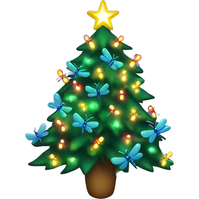 Christmas tree with colorful dragonflies as decorations lit up  emoji