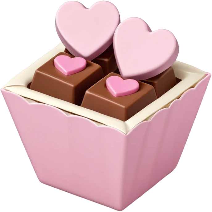 Two square milk chocolate , Each praline is a sharp-edged cube with smooth glossy chocolate coating, placed in a small white fluted paper candy cup. On top of each cube is a flat pastel pink heart-shaped icing emoji