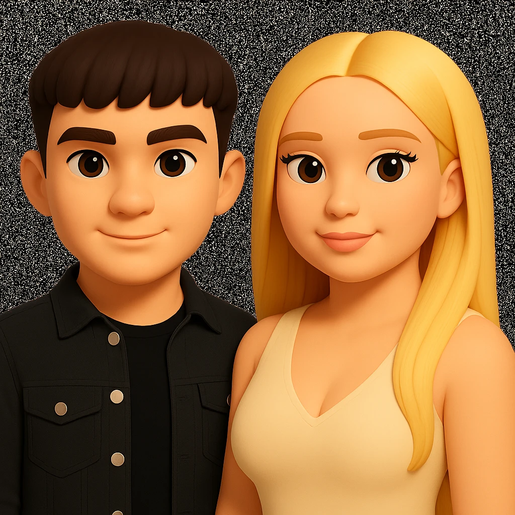 Slightly increase the volume of the upper body of the girl, slightly turn her to face forward, and make the skin color uniform. Maintain the cartoonish 3D style as in the reference image. emoji