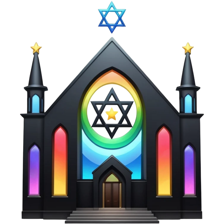 jewish synagogue temple in dark goth aesthetic style with black building and light rainbow tint glass windows and star of david and celestial symbolism emoji