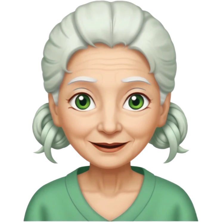 abuela con ojos verdes, pelo blanco, pelo blanco y amarrado, aspecto feliz emoji