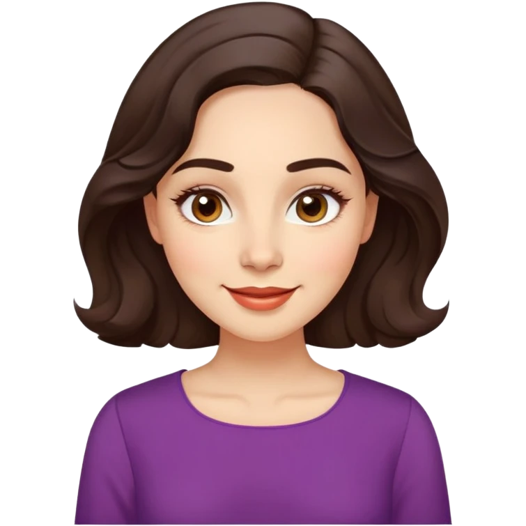 Warm enthusiastic woman with light skin, oval face, soft defined features, large expressive brown eyes, medium arched eyebrows, small nose, medium lips with relaxed smile, long wavy dark brown hair styled simply, wearing a soft vibrant colored elegant blouse emoji