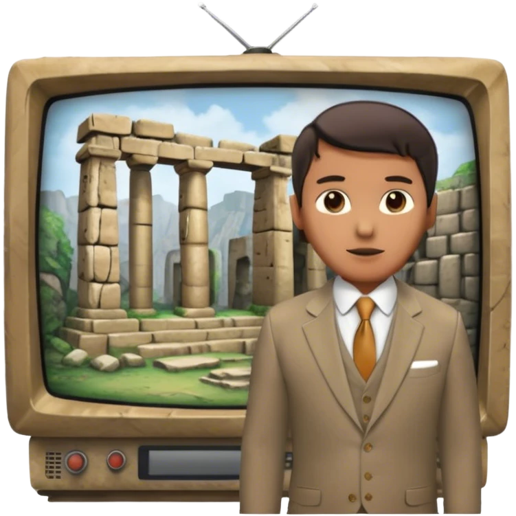 Icon for Documentary Film (TV style): A large TV screen with a host presenting in front of video footage showing ancient ruins. The design should evoke a vintage TV broadcast with historical content, complete with a clear view of the host and the ruins behind. Transparent background. emoji