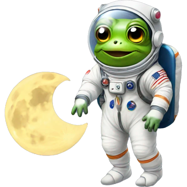 Frog wearing astronaut suit holding the moon emoji