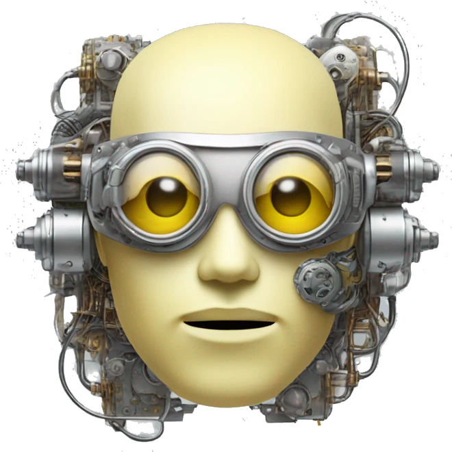 Pastel light yellow round male cyborg head with silver steampunk goggles, goatee and circuits emoji
