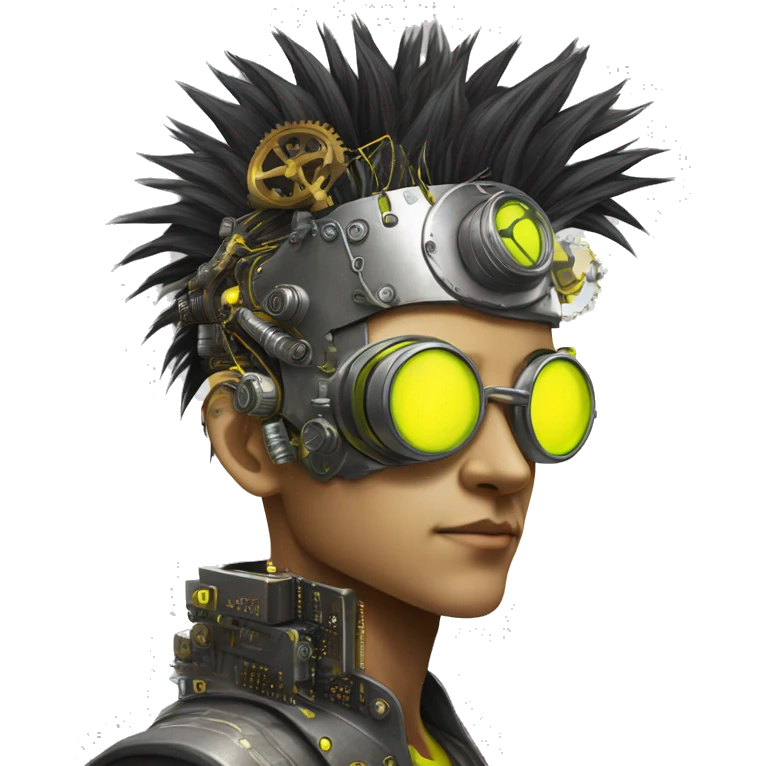 Neon yellow Mohawk hair Asian male cyborg head with silver steampunk goggles and circuits emoji