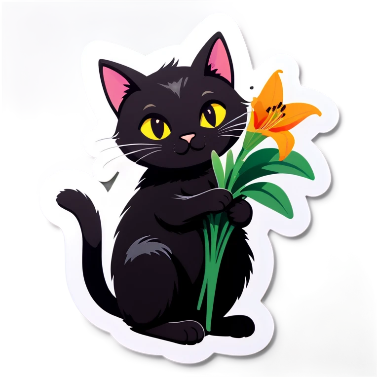 a black cat with a bouquet of Lily of the road emoji