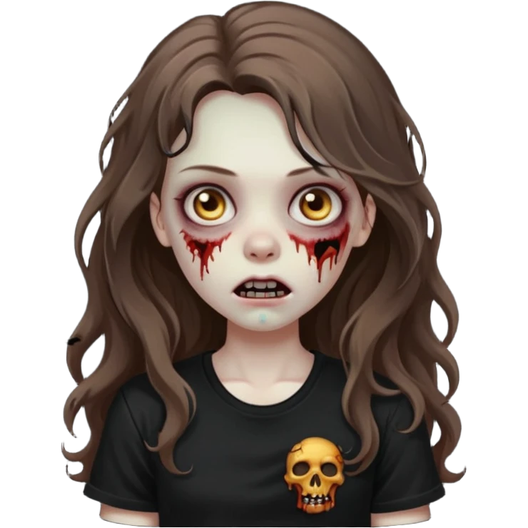 crie um emoji de uma garota zoombie cabelo castanho e longo , assustadora e fofa com cabelo ondulado 2b e camiseta básica preta emoji
