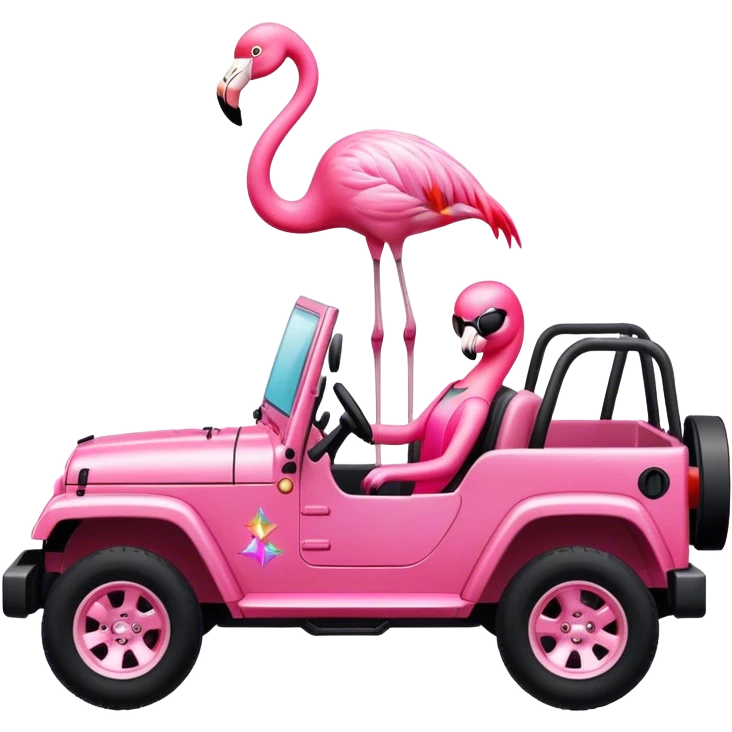Flamingo driving jeep and sparkles emoji