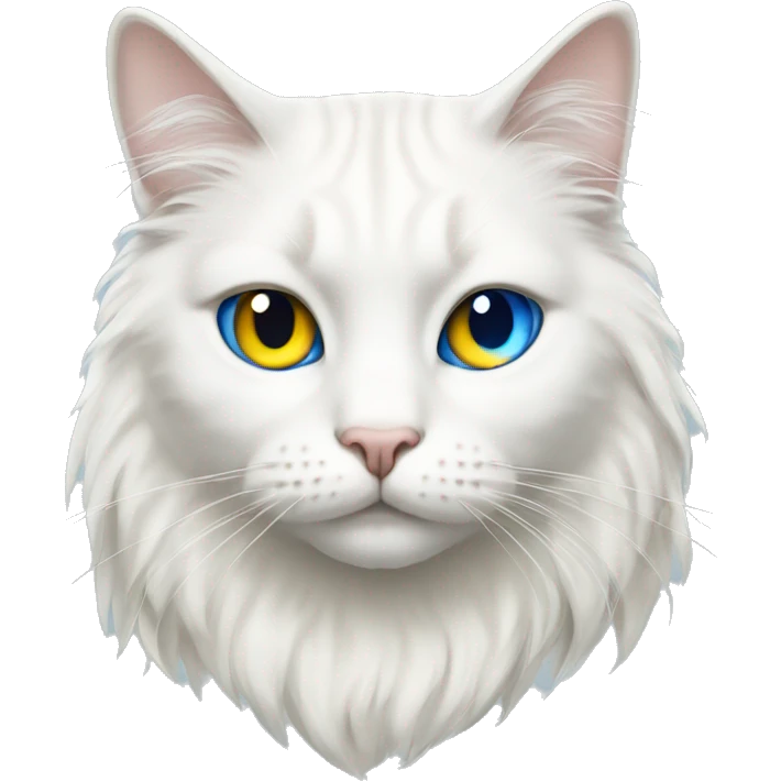White cat with semi long hair but it has one eye yellow and one eye deep blue  emoji