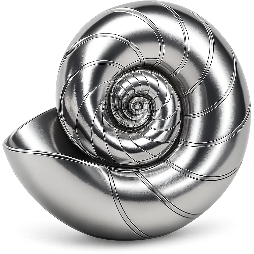 chrome style nautilus shell with multiple spiraling layers, highly reflective and metallic emoji