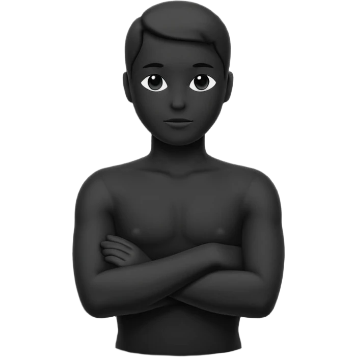 Minimalist human silhouette, upper body only, arms crossed, no facial features, solid dark shape, flat icon style, centered, transparent background emoji
