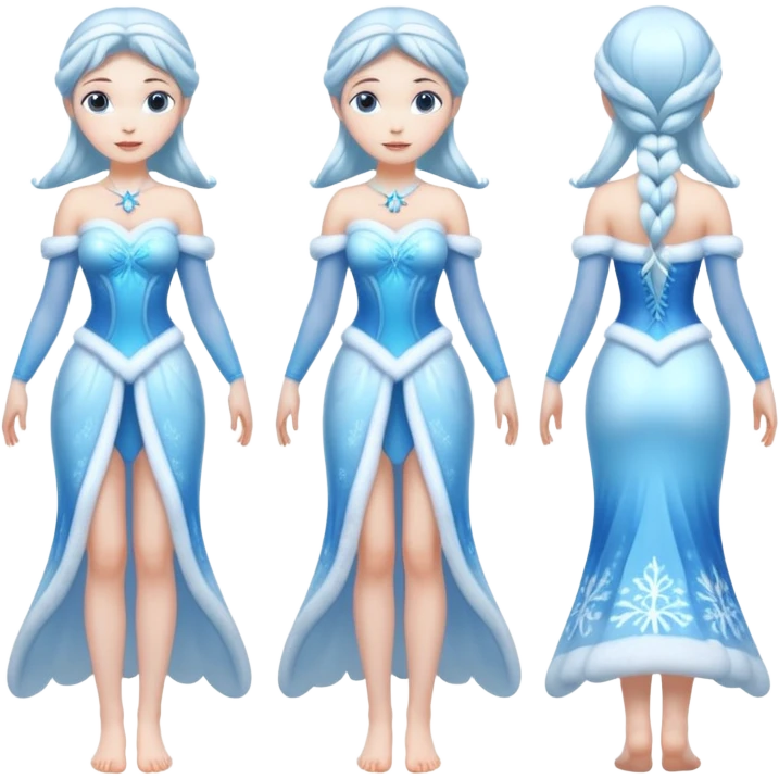 An ice Snow Maiden character with two arms and two legs, full body, front view, back view, side view, three-quarter view, consistent character design, translucent ice material, winter fairy tale style. emoji