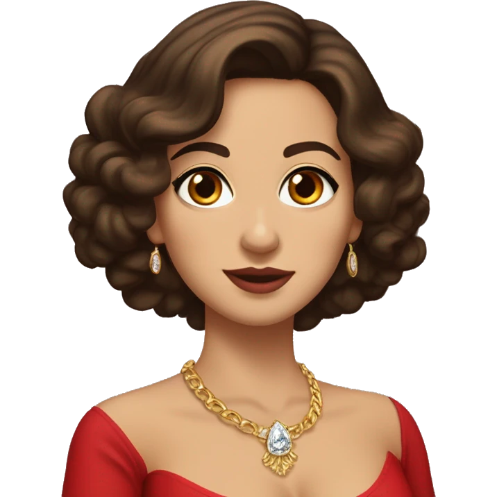 brunette woman with curly dark brown hair length to mid back. hair E parted on the left side. hair with more volume on the straight side. dark eyes. dressed in red sash top. wearing a golden necklace and a diamond tip. busty. medium size eyes emoji