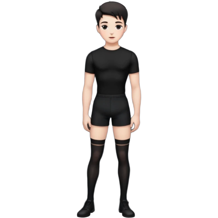 Male in his 20s, clean shaven, feminine look, wearing black thigh highs, black crops, black feminine shorts, is a femboy.   emoji