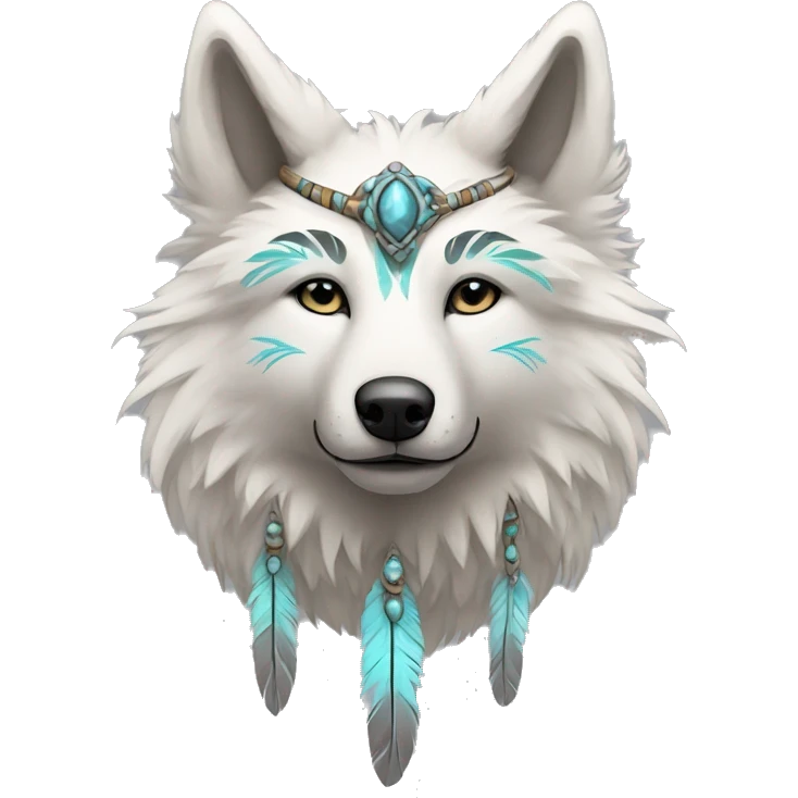 Fluffy Shy Spiritual Shamanic Wolf With Shiny Tribal Markings wearing feathers Full Body emoji